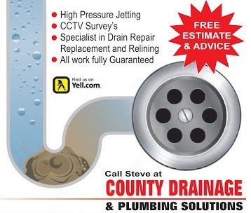 Promotional banner for drainage services, highlighting high-pressure jetting and CCTV surveys.